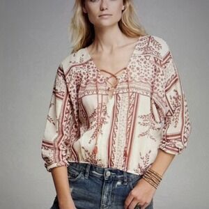 Free People Boho Lace Up Tassel Blouse Top Cream Red Long Sleeves Size Small